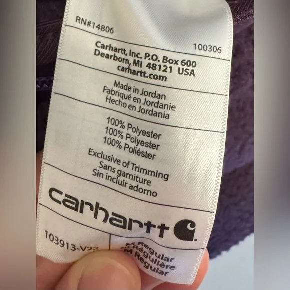NWT. Carhartt Sherpa Full Zip Purple Sweatshirt with Ribbed Cuffs. Size M. - Picture 6 of 8